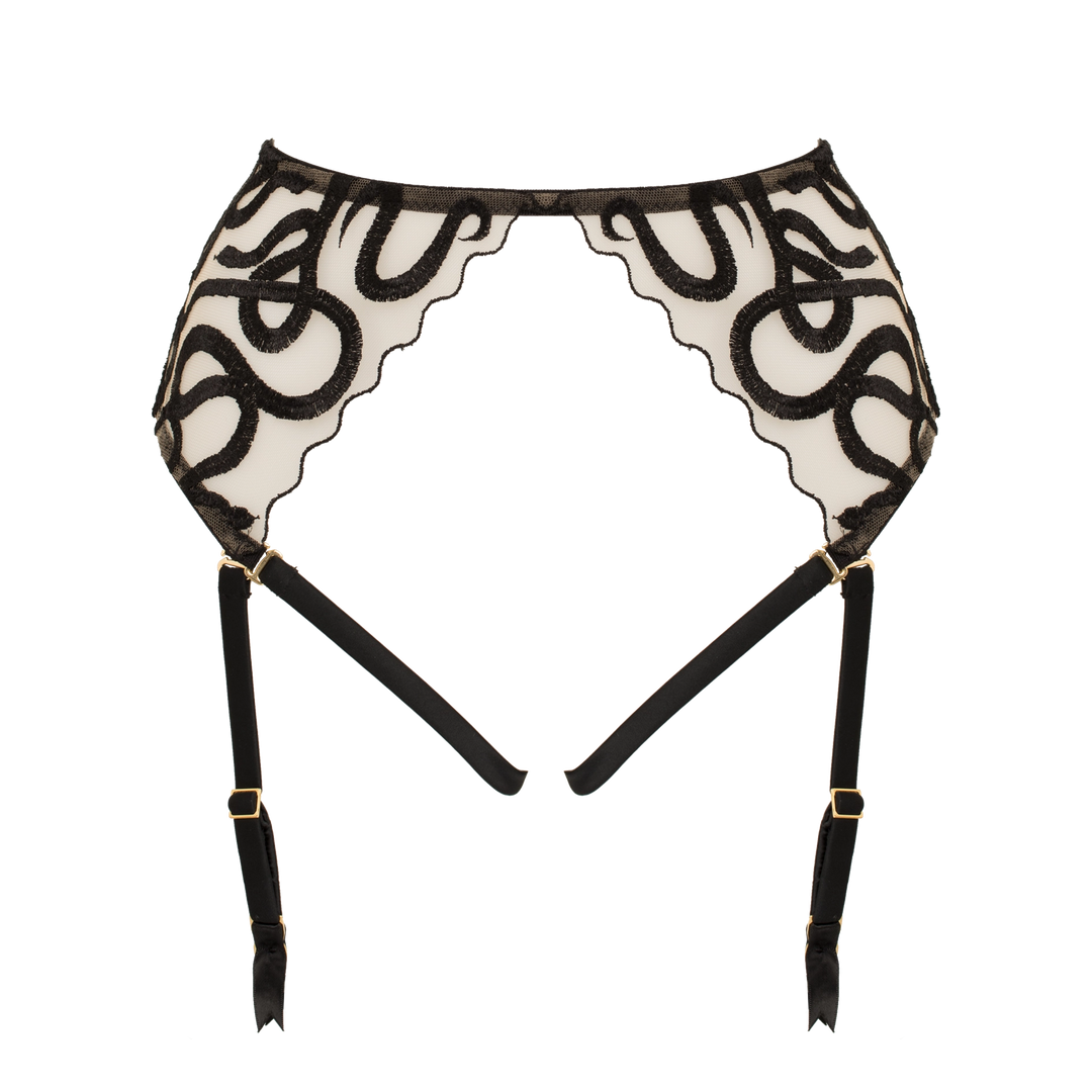 Naga snake embroidered tulle and silk harness suspender jet black
