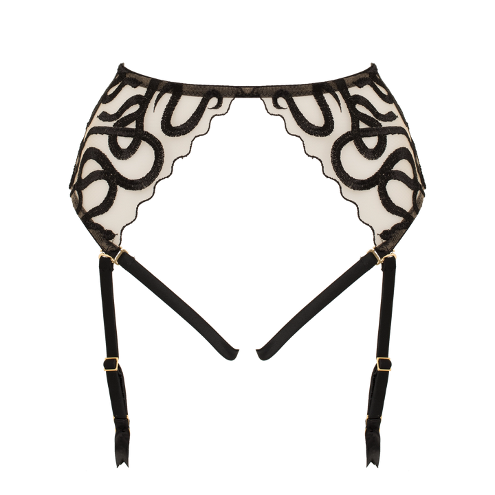 Naga snake embroidered tulle and silk harness suspender jet black