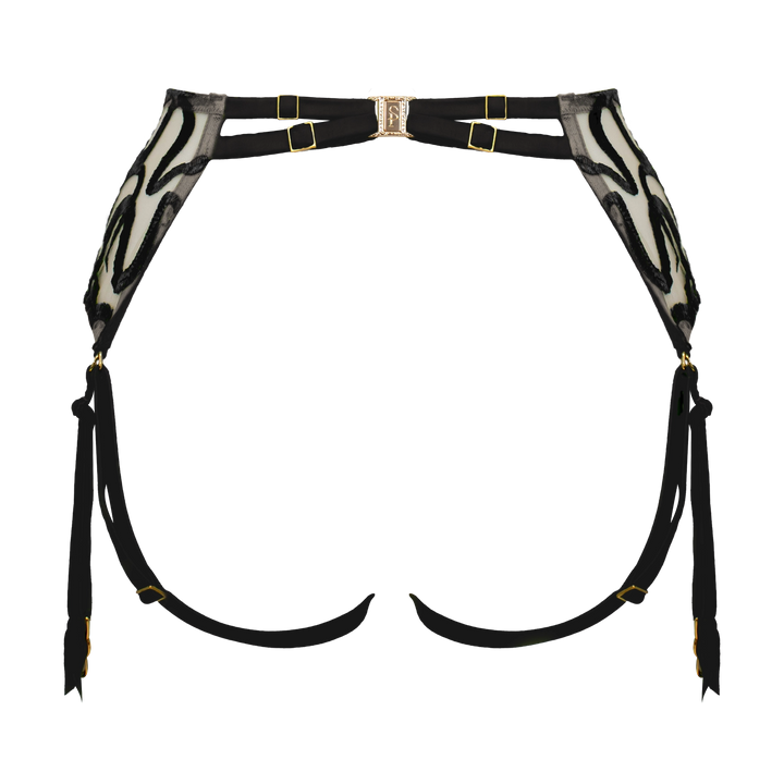Naga snake embroidered tulle and silk harness suspender jet black