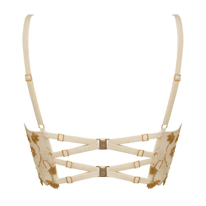 Studio Pia Soraya gold floral embroidered tulle and peace silk longline bra | Ivory