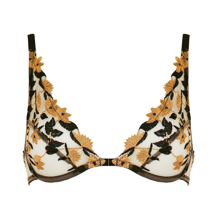 Studio Pia Soraya gold floral embroidered tulle and peace silk plunge bra | Jet Black
