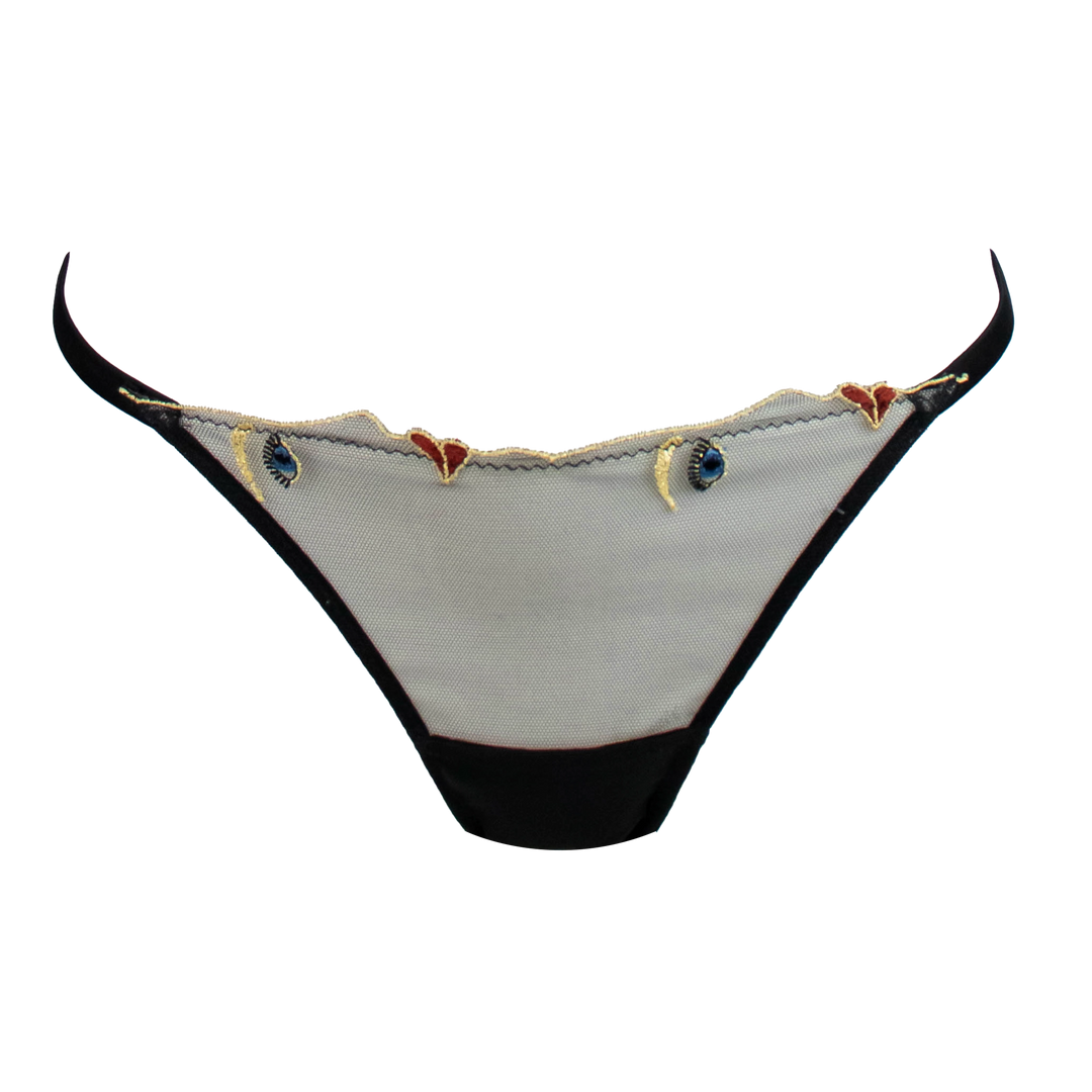 Elsa face embroidered tulle and silk thong black/sheer