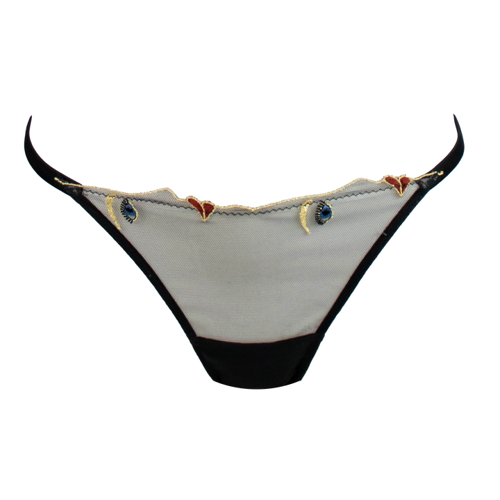 Elsa face embroidered tulle and silk thong black/sheer