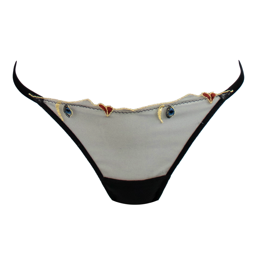 Elsa face embroidered tulle and silk thong black/sheer