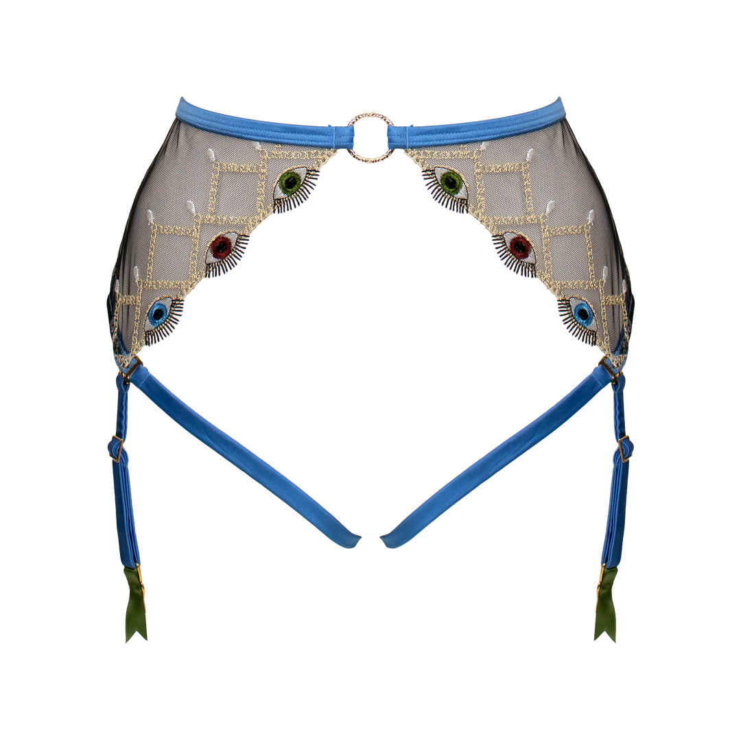 Leonora eye embroidered tulle and silk 
harness suspender slate blue