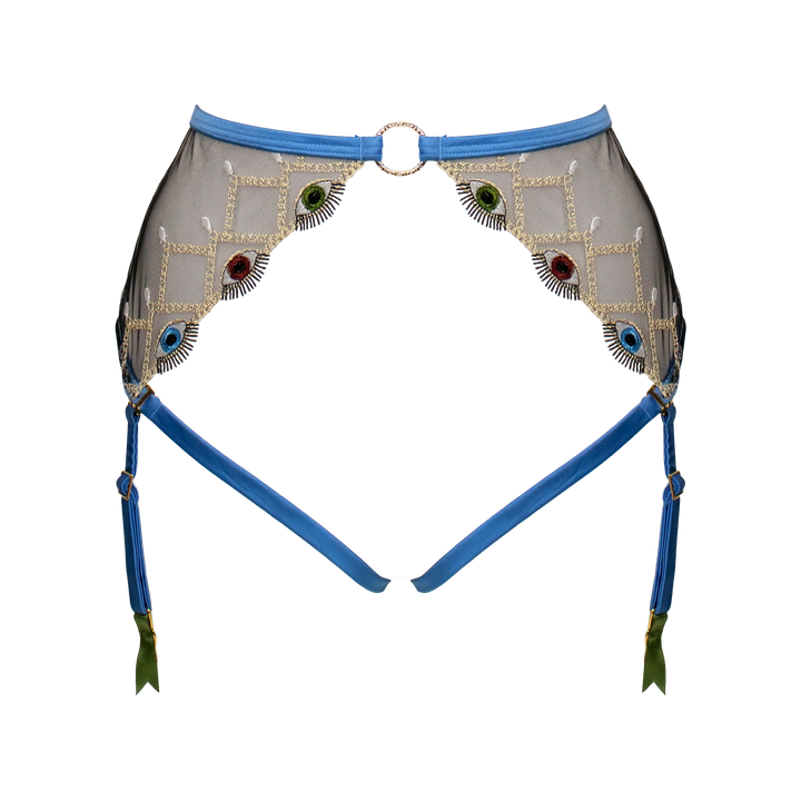 Leonora eye embroidered tulle and silk 
harness suspender slate blue