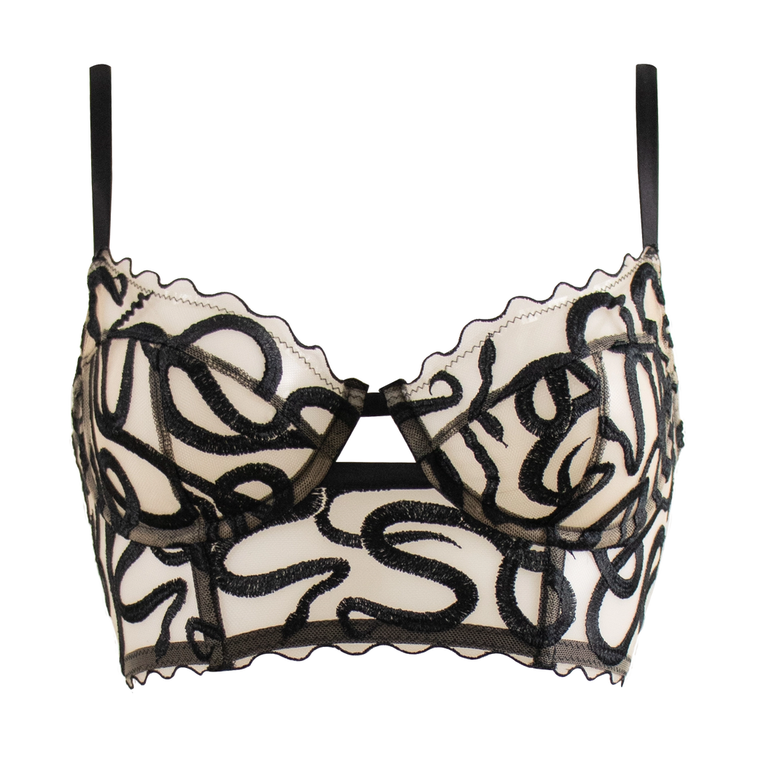 Naga snake embroidered tulle and silk underwired longline balconette bra jet black