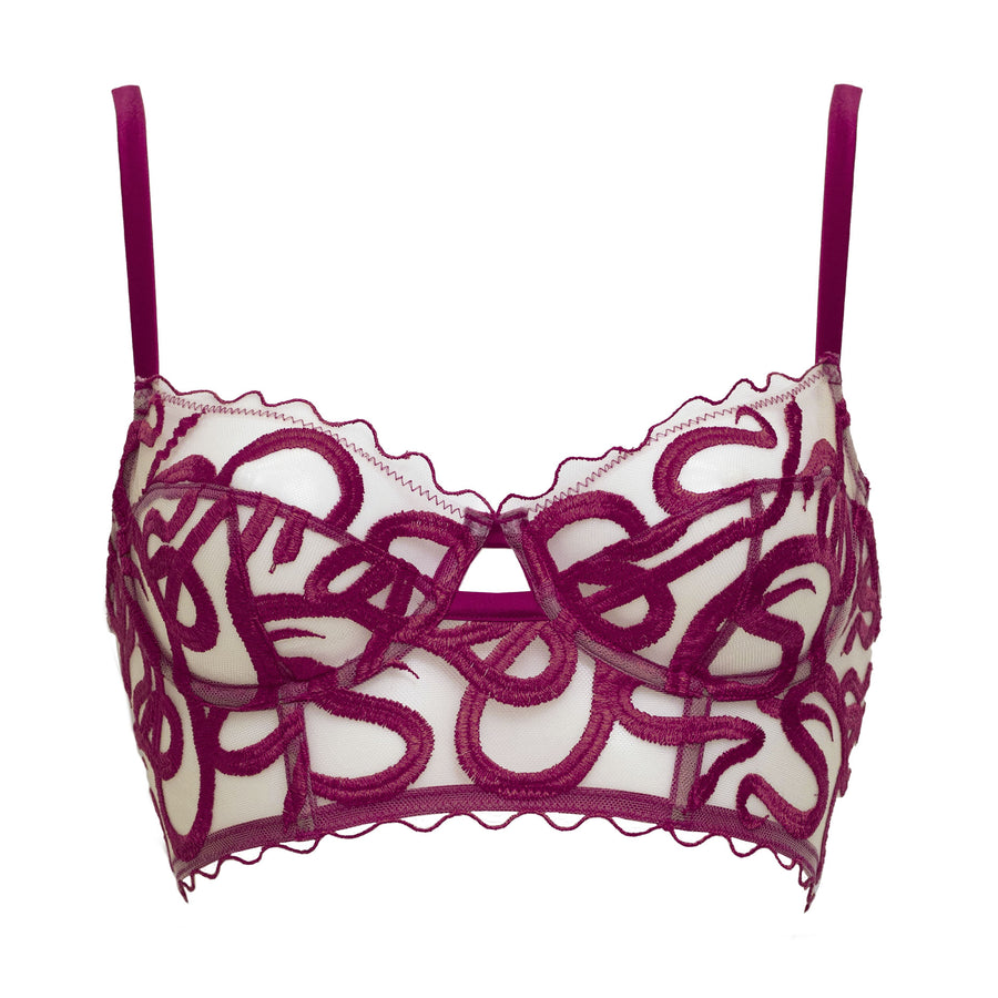 Studio Pia Naga snake embroidered tulle and peace silk longline bra | Mulberry Purple