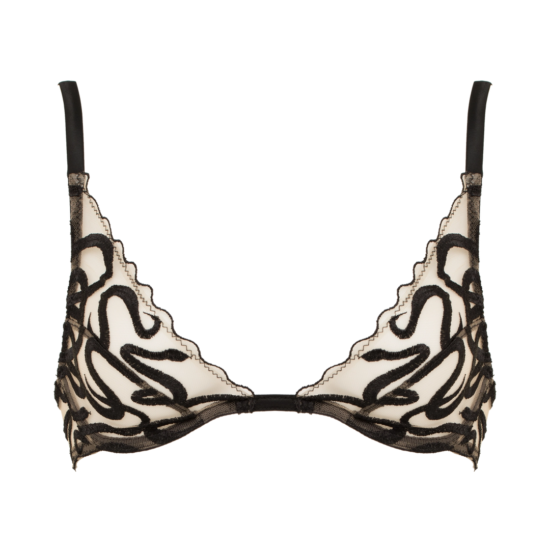 Naga snake embroidered tulle and silk high apex plunge bra jet black