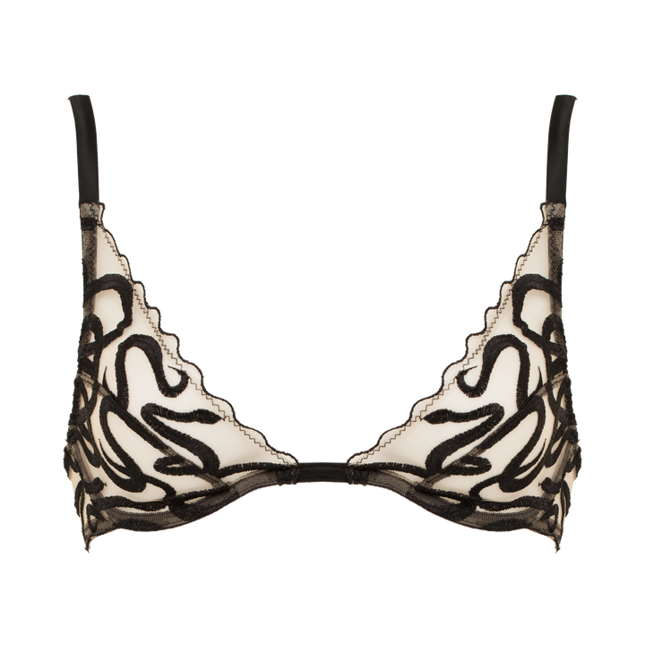 Naga snake embroidered tulle and silk high apex plunge bra jet black