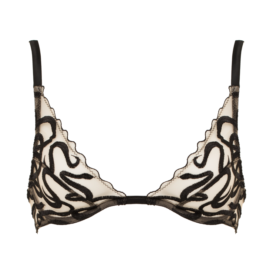 Naga snake embroidered tulle and silk high apex plunge bra jet black