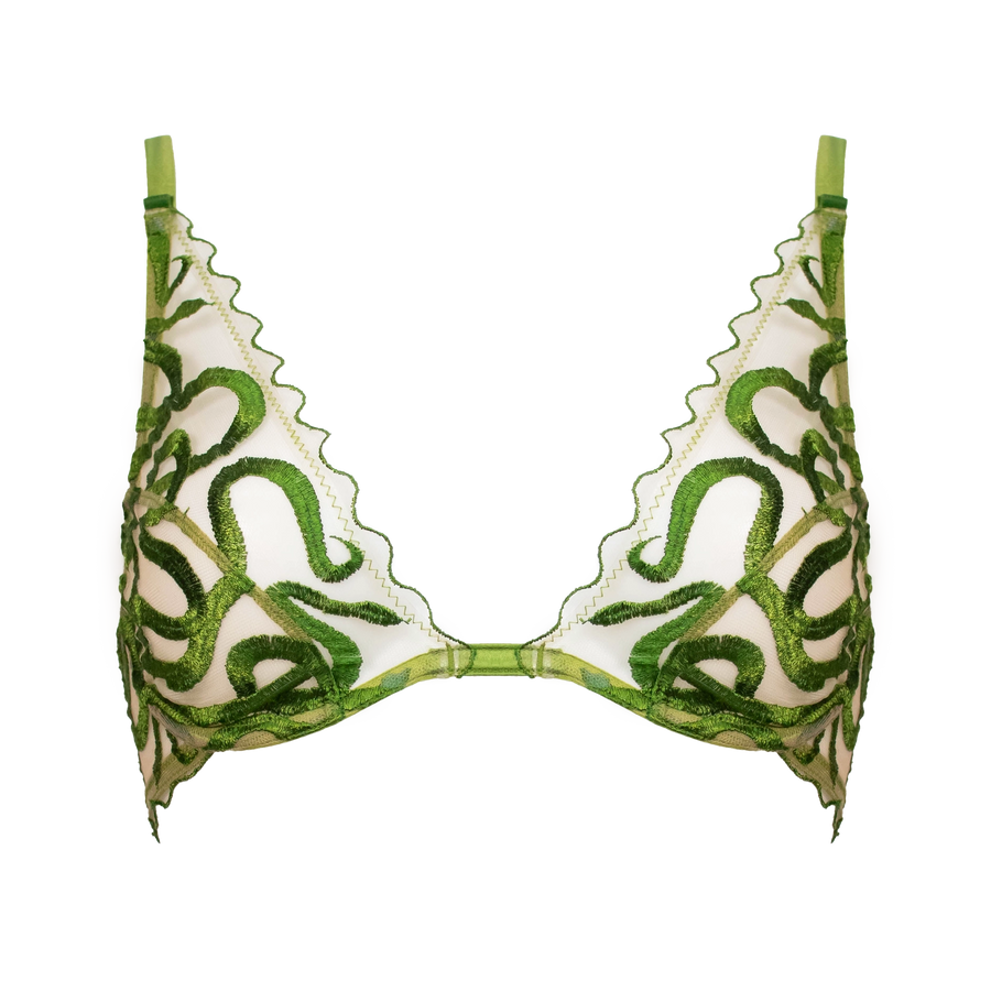 Naga snake embroidered tulle and silk underwire plunge bra jungle green