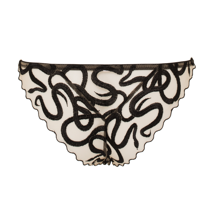 Naga snake embroidered tulle and silk strap brief jet black