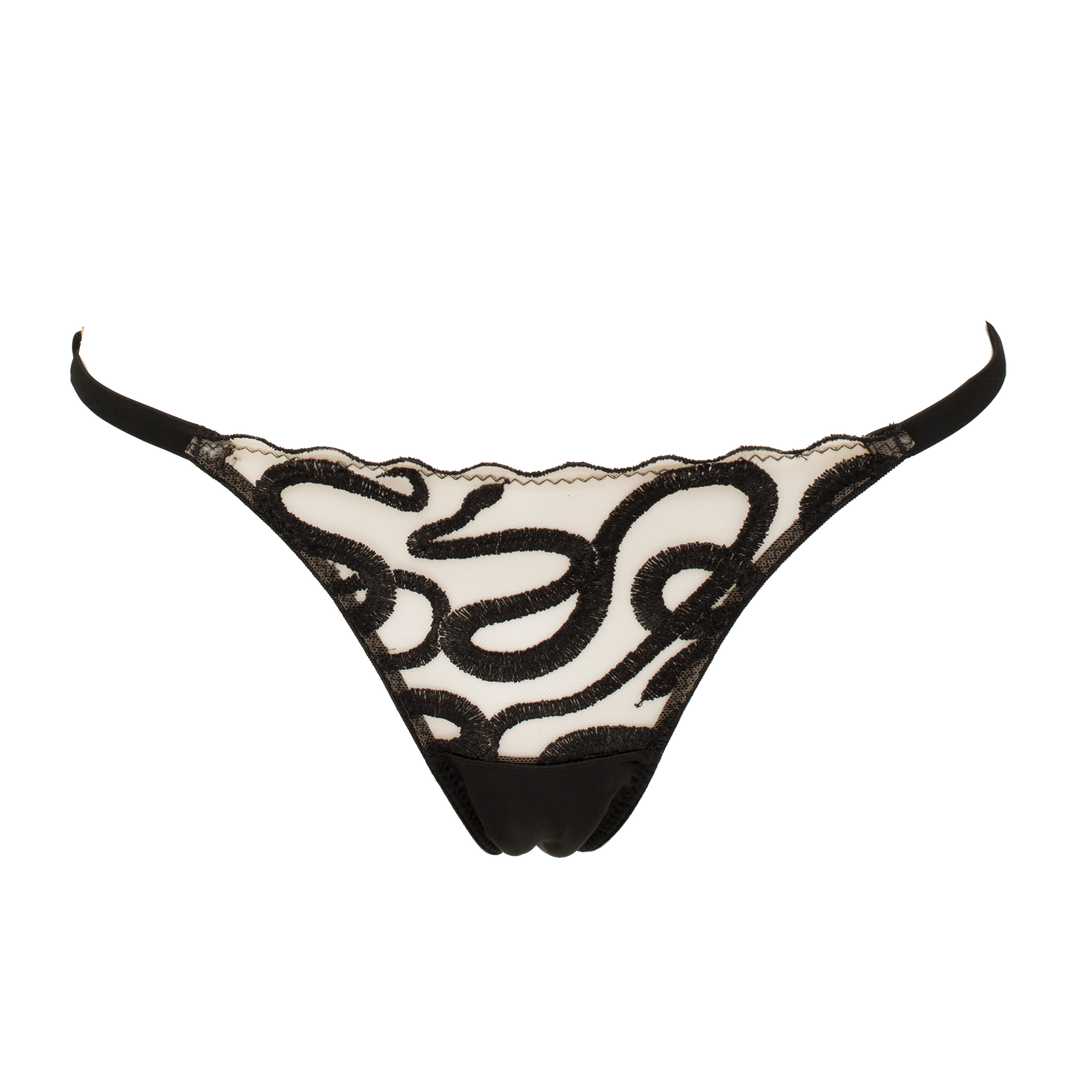 Naga snake embroidered tulle and silk strap thong jet black