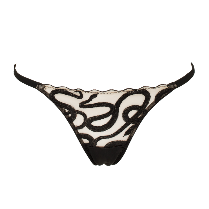 Naga snake embroidered tulle and silk strap thong jet black