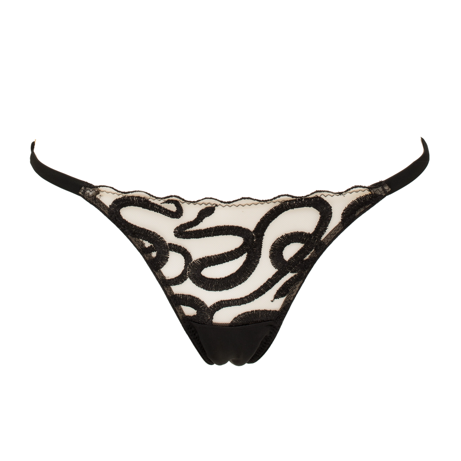 Naga snake embroidered tulle and silk strap brief jet black