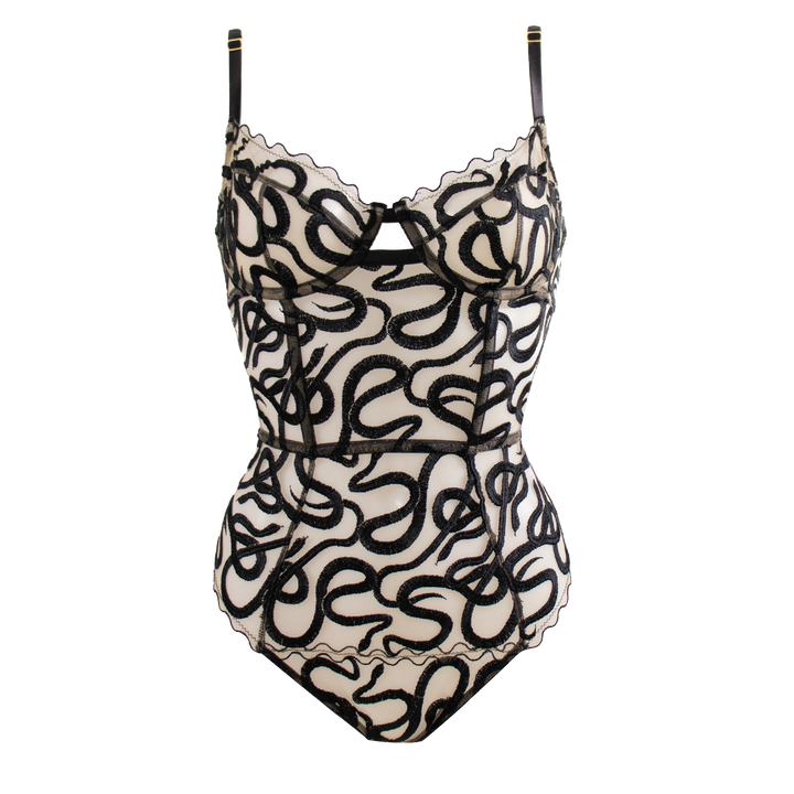 Naga snake embroidered tulle and silk balconette cup bodysuit jet black