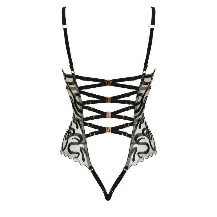 Naga snake embroidered tulle and silk balconette cup bodysuit jet black