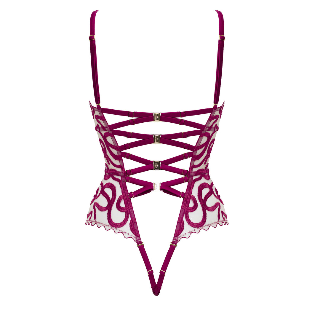 Studio Pia Naga snake embroidered tulle and peace silk bodysuit | Mulberry Purple