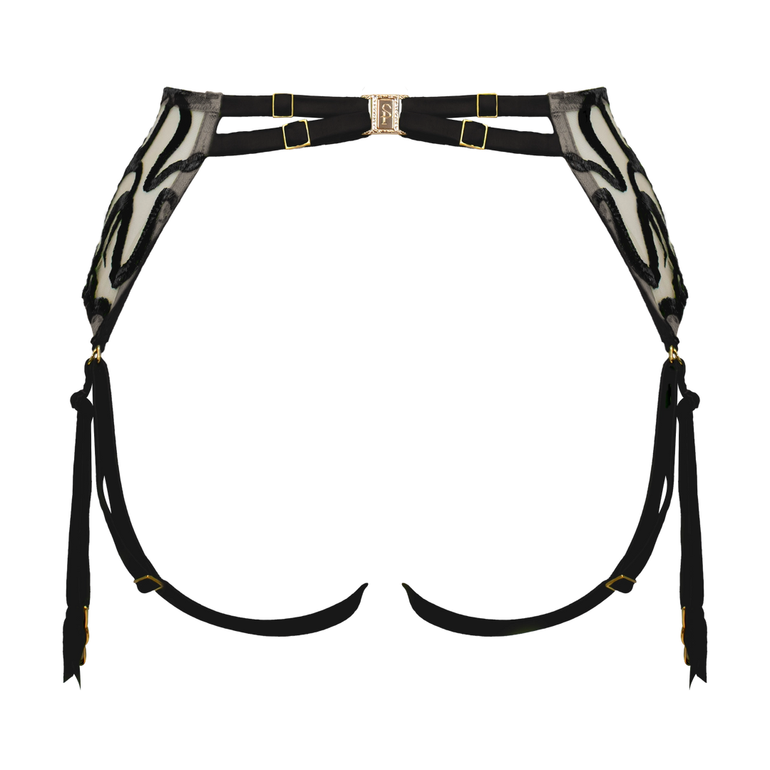 Naga snake embroidered tulle and silk harness suspender jet black