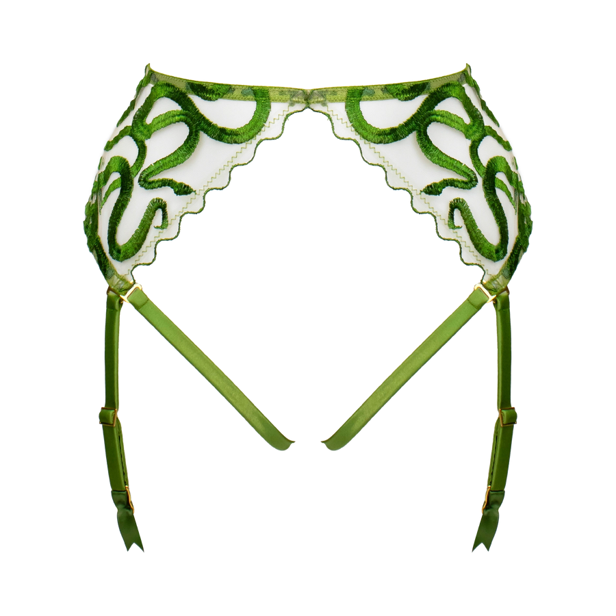 Naga snake embroidered tulle and silk harness suspender jungle green