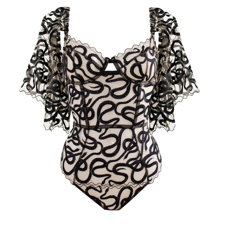 Naga snake embroidered tulle and silk balconette cup bodysuit jet black