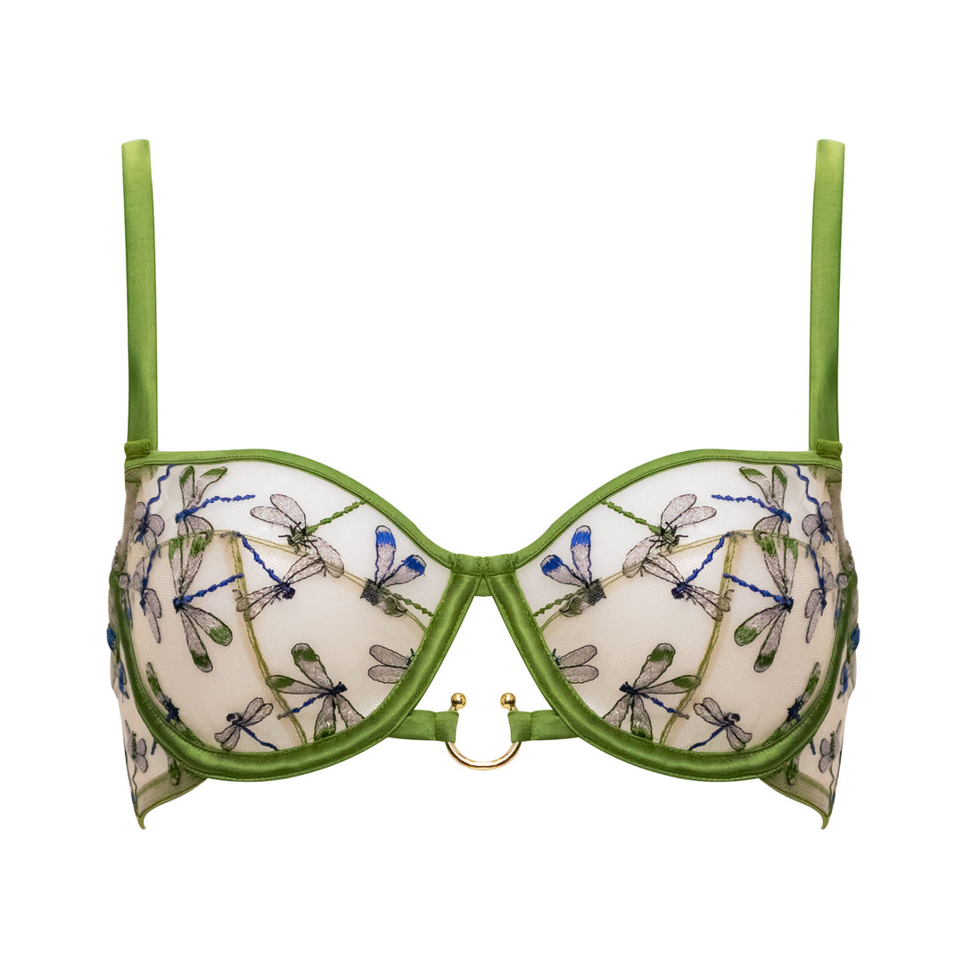 Studio Pia Olita dragonfly embroidered tulle and peace silk balconette bra | Jungle Green