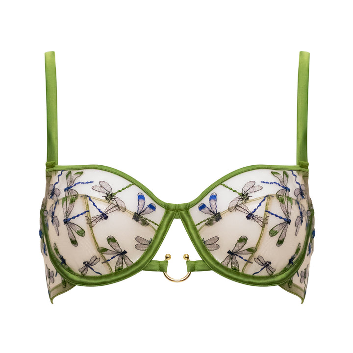 Studio Pia Olita dragonfly embroidered tulle and peace silk balconette bra | Jungle Green