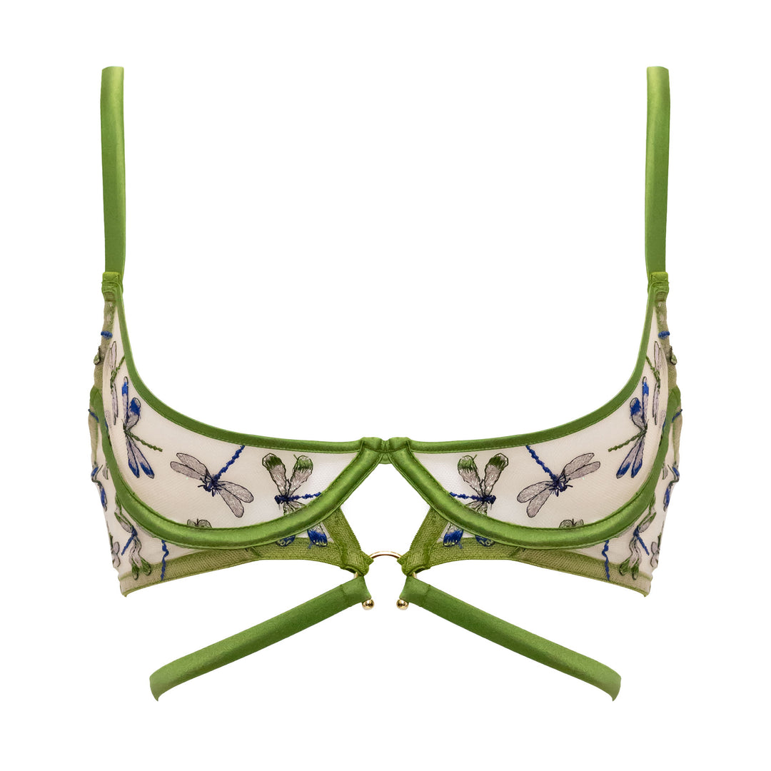 Studio Pia Olita dragonfly embroidered tulle and peace silk harness quarter cup bra | Jungle Green