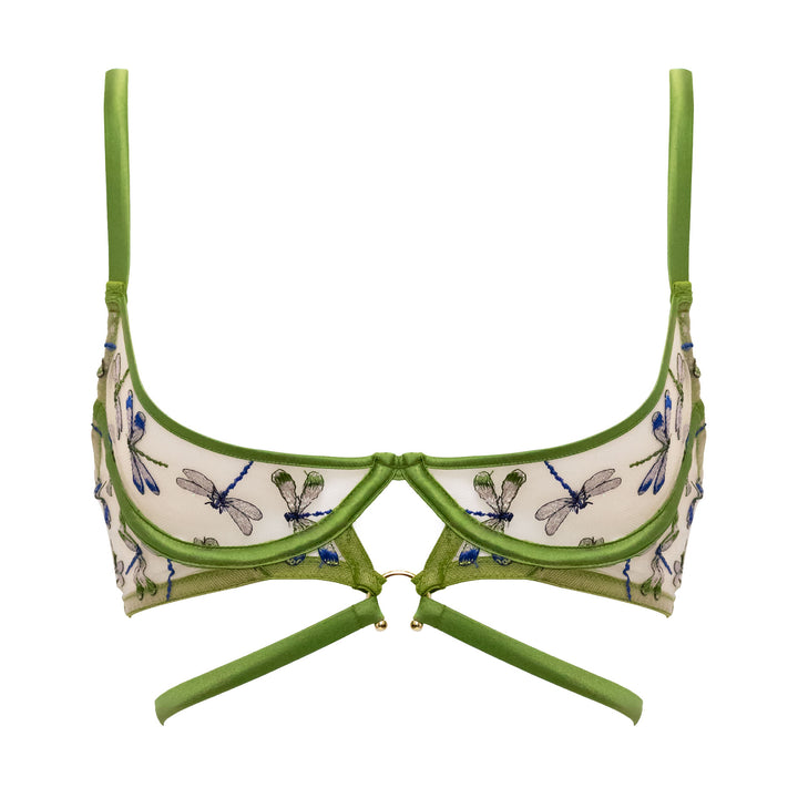 Studio Pia Olita dragonfly embroidered tulle and peace silk harness quarter cup bra | Jungle Green