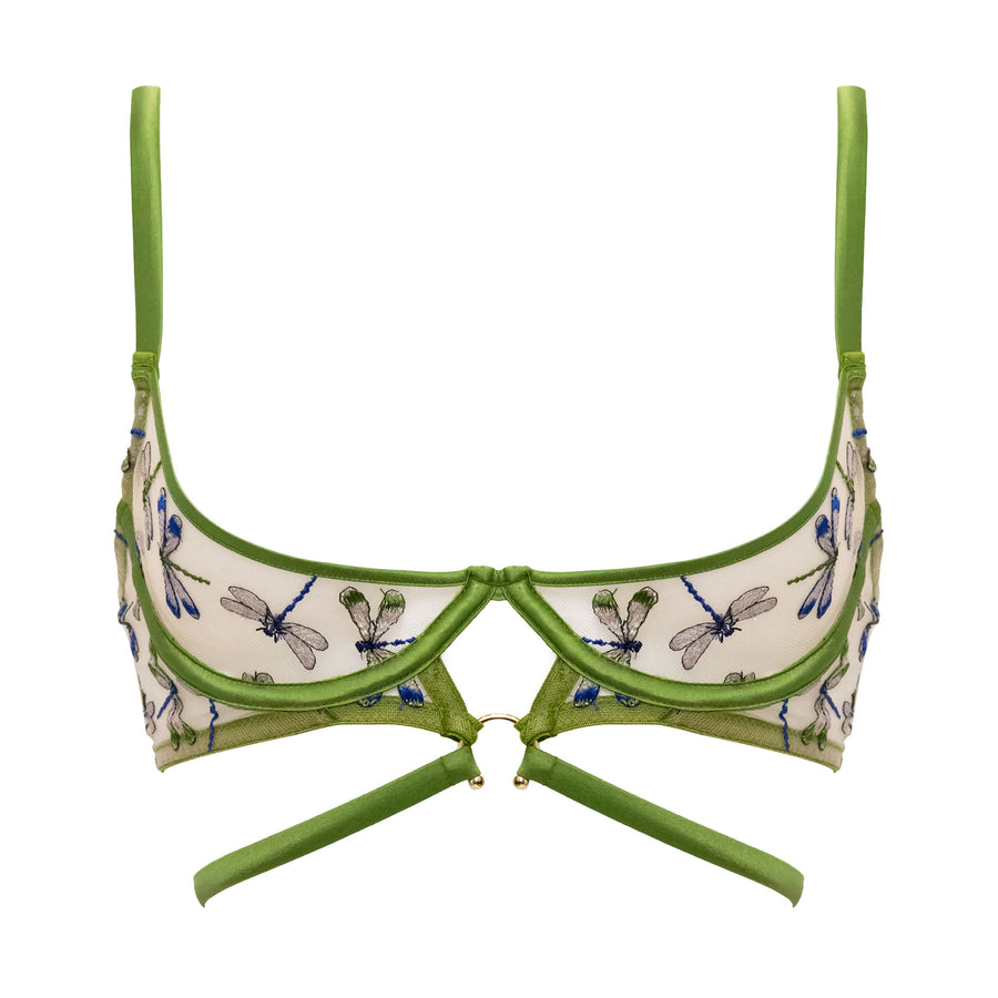 Studio Pia Olita dragonfly embroidered tulle and peace silk harness quarter cup bra | Jungle Green