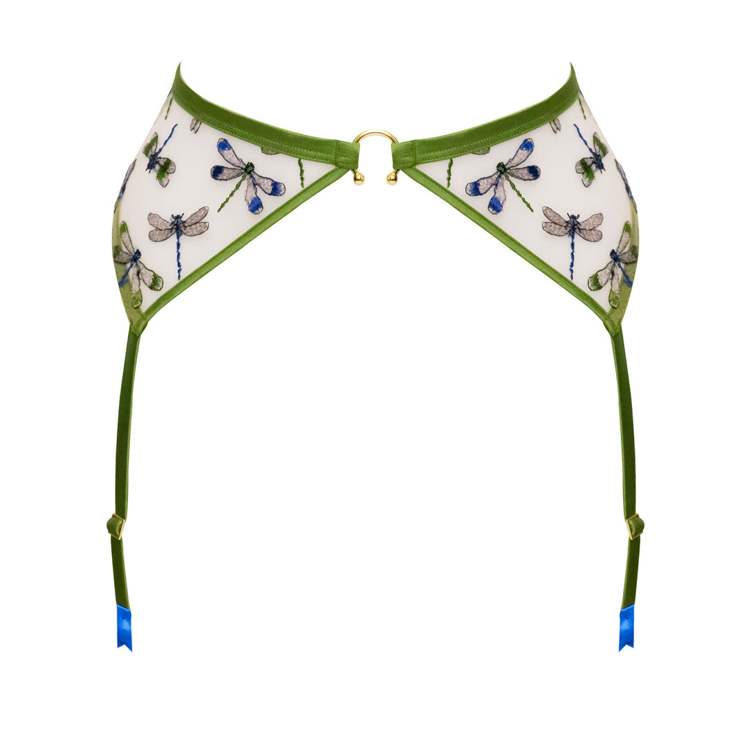 Studio Pia Olita dragonfly embroidered tulle and peace silk suspender | Jungle Green