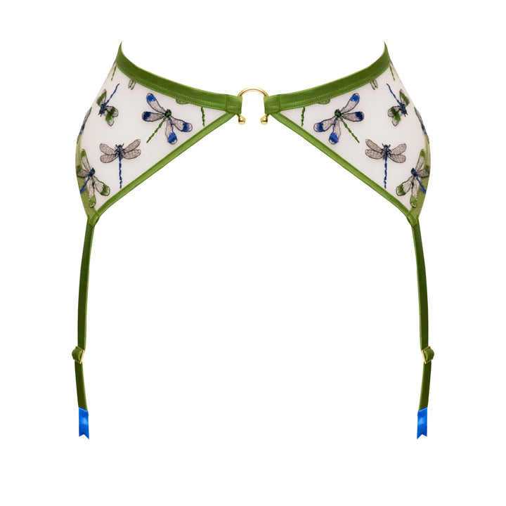 Studio Pia Olita dragonfly embroidered tulle and peace silk suspender | Jungle Green