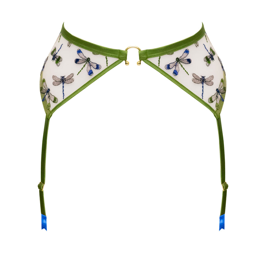 Studio Pia Olita dragonfly embroidered tulle and peace silk suspender | Jungle Green