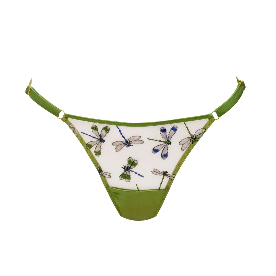 Studio Pia Olita dragonfly embroidered tulle and peace silk strap thong | Jungle Green