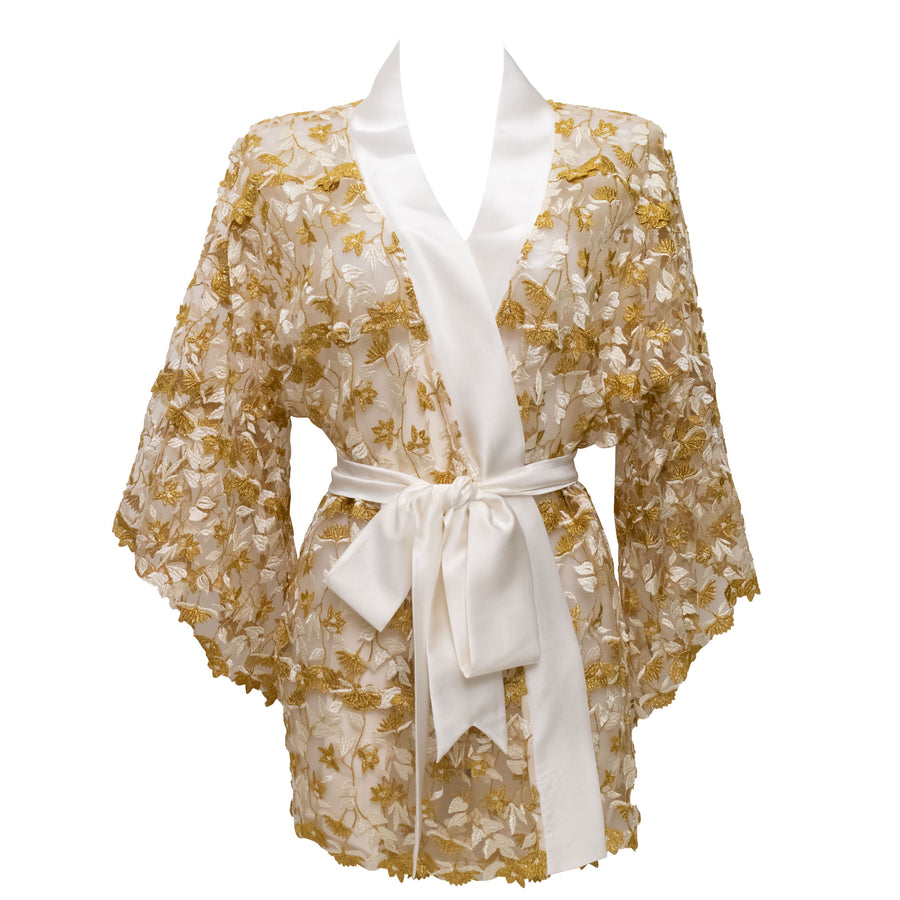 Studio Pia Soraya gold floral embroidered tulle and peace silk robe | Ivory