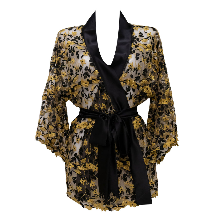 Studio Pia Soraya gold floral embroidered tulle and peace silk robe | Jet Black