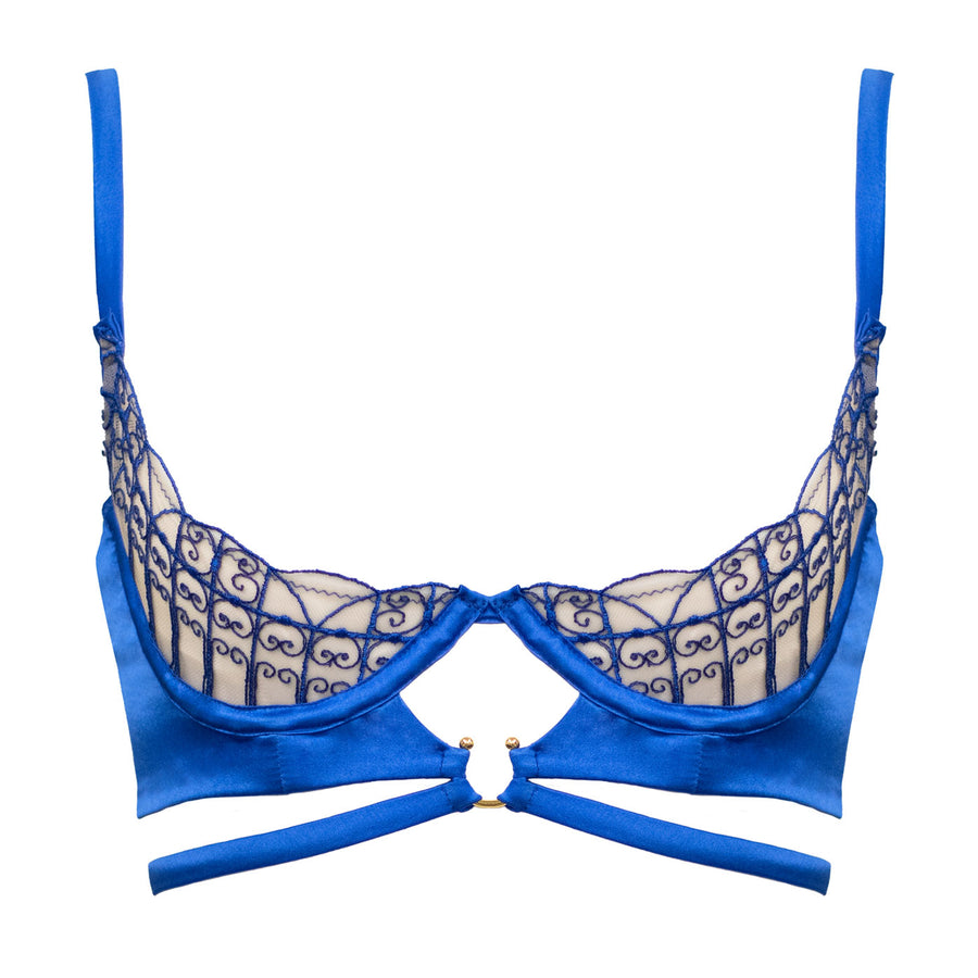 Studio Pia Anisa wrought iron embroidered tulle and peace silk quarter cup bra | Cobalt Blue