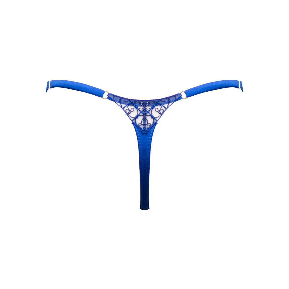 Studio Pia Anisa wrought iron embroidered tulle and peace silk strap thong | Cobalt Blue