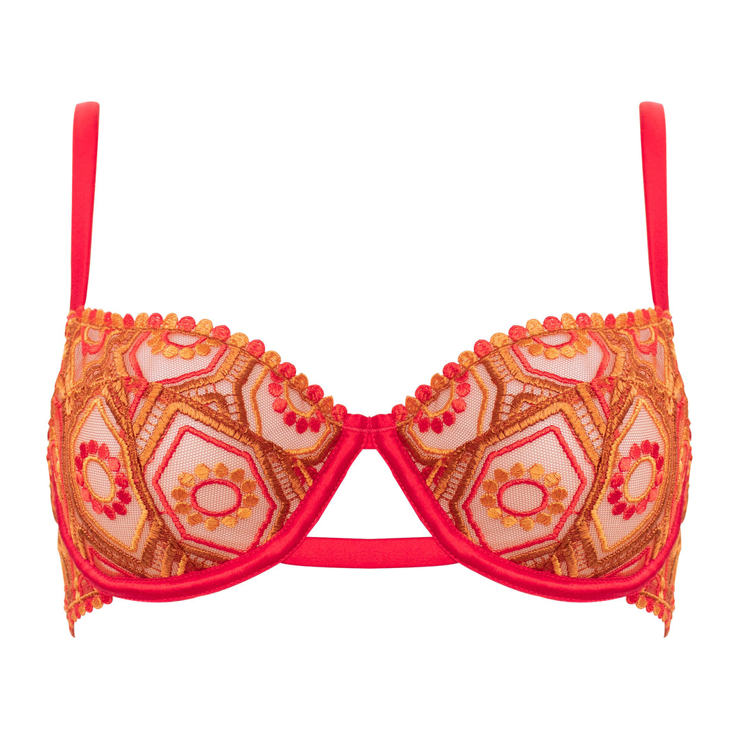 Sheer 70s geometric embroidered tulle and red peace silk balconette bra