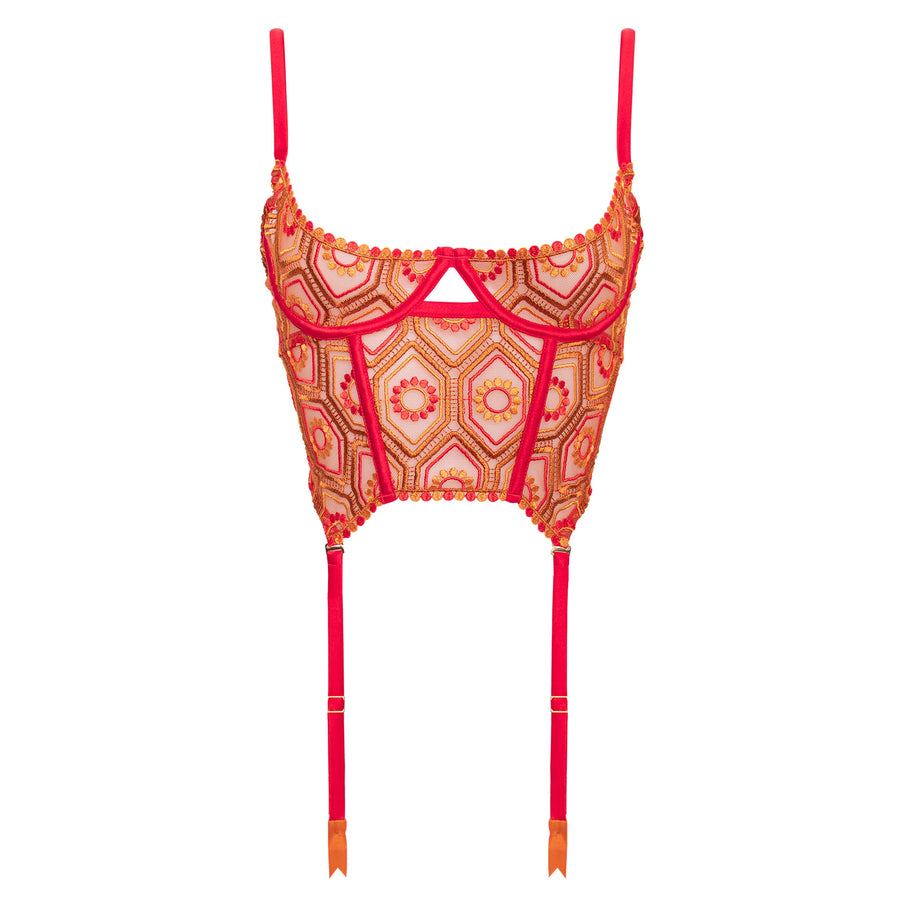 Sheer 70s geometric embroidered tulle and red peace silk quarter cup basque with removable suspender straps