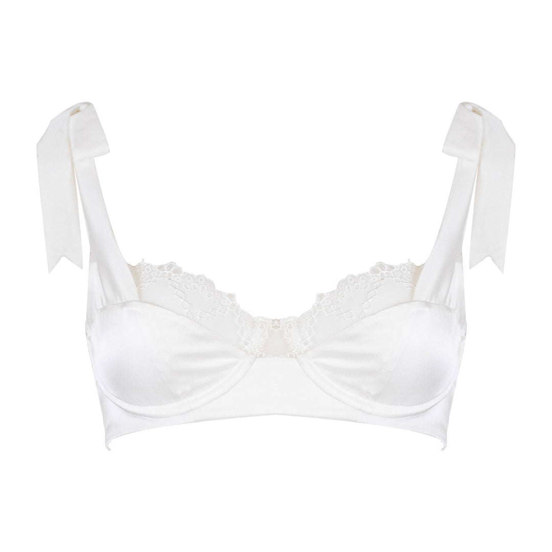 Studio Pia Aurora broderie anglaise embroidered tulle and peace silk balconette bra | Ivory