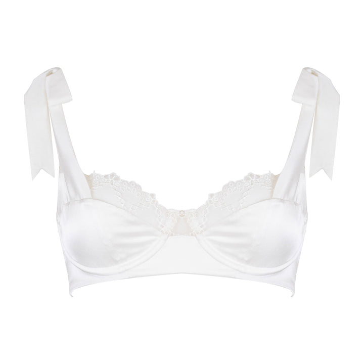 Studio Pia Aurora broderie anglaise embroidered tulle and peace silk balconette bra | Ivory