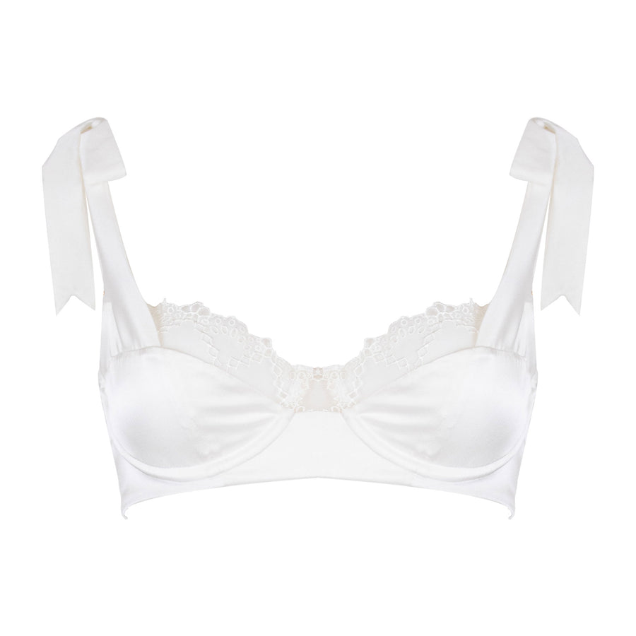 Studio Pia Aurora broderie anglaise embroidered tulle and peace silk balconette bra | Ivory