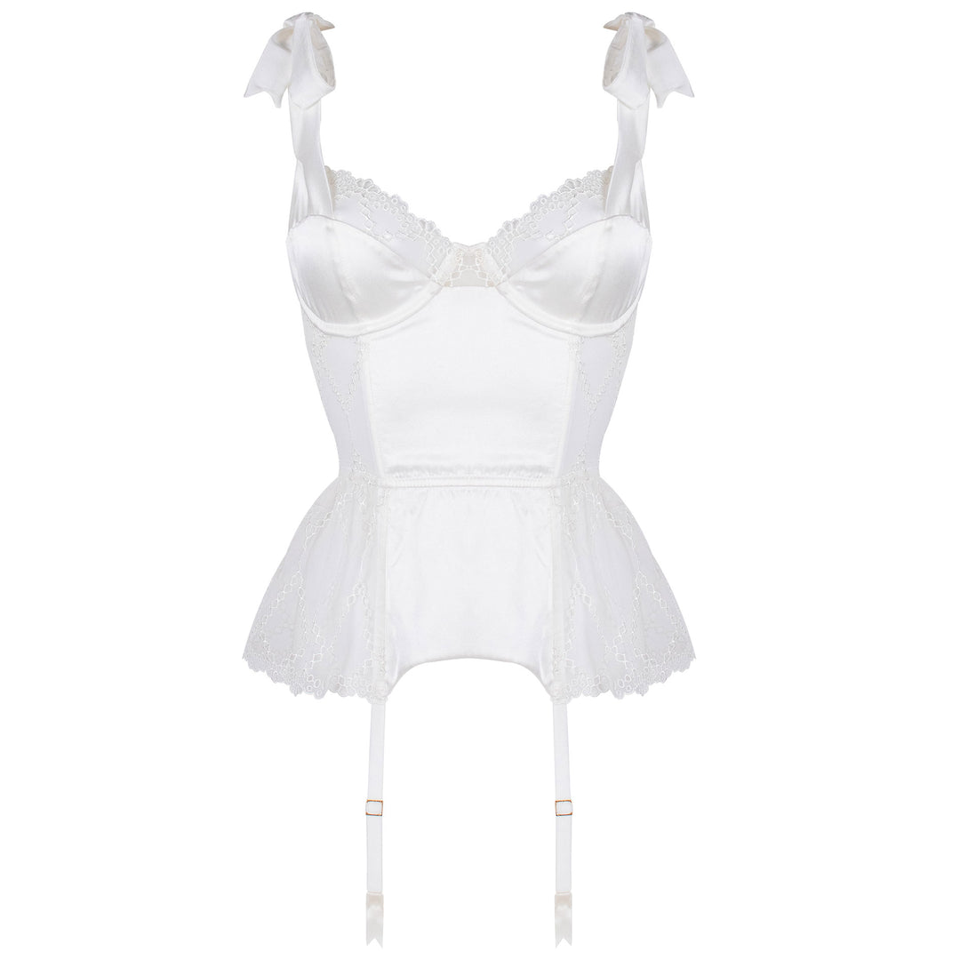 Studio Pia Aurora broderie anglaise embroidered tulle and peace silk basque | Ivory