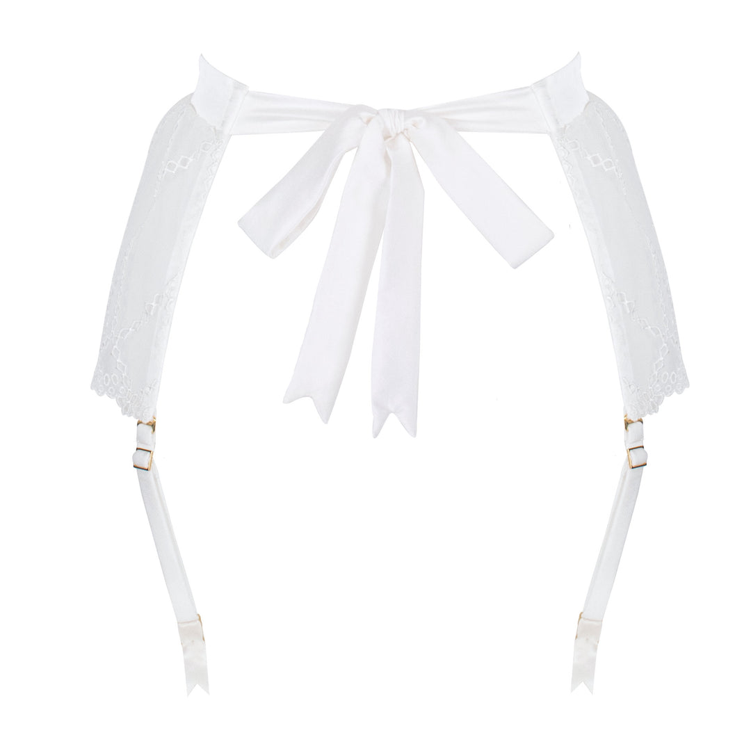 Studio Pia Aurora broderie anglaise embroidered tulle and peace silk suspender | Ivory