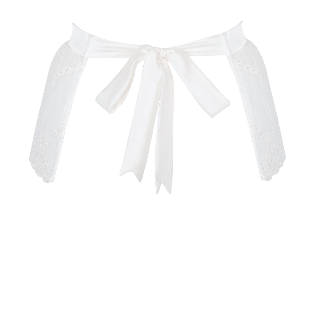 Studio Pia longline suspender crafted from ivory peace silk and recycled broderie anglaise tulle