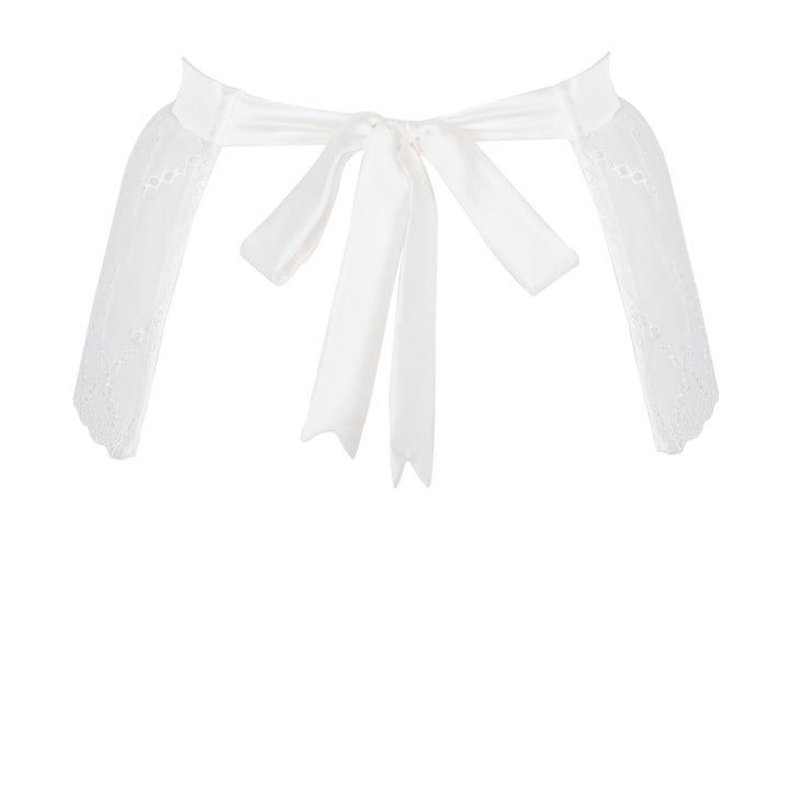 Studio Pia longline suspender crafted from ivory peace silk and recycled broderie anglaise tulle