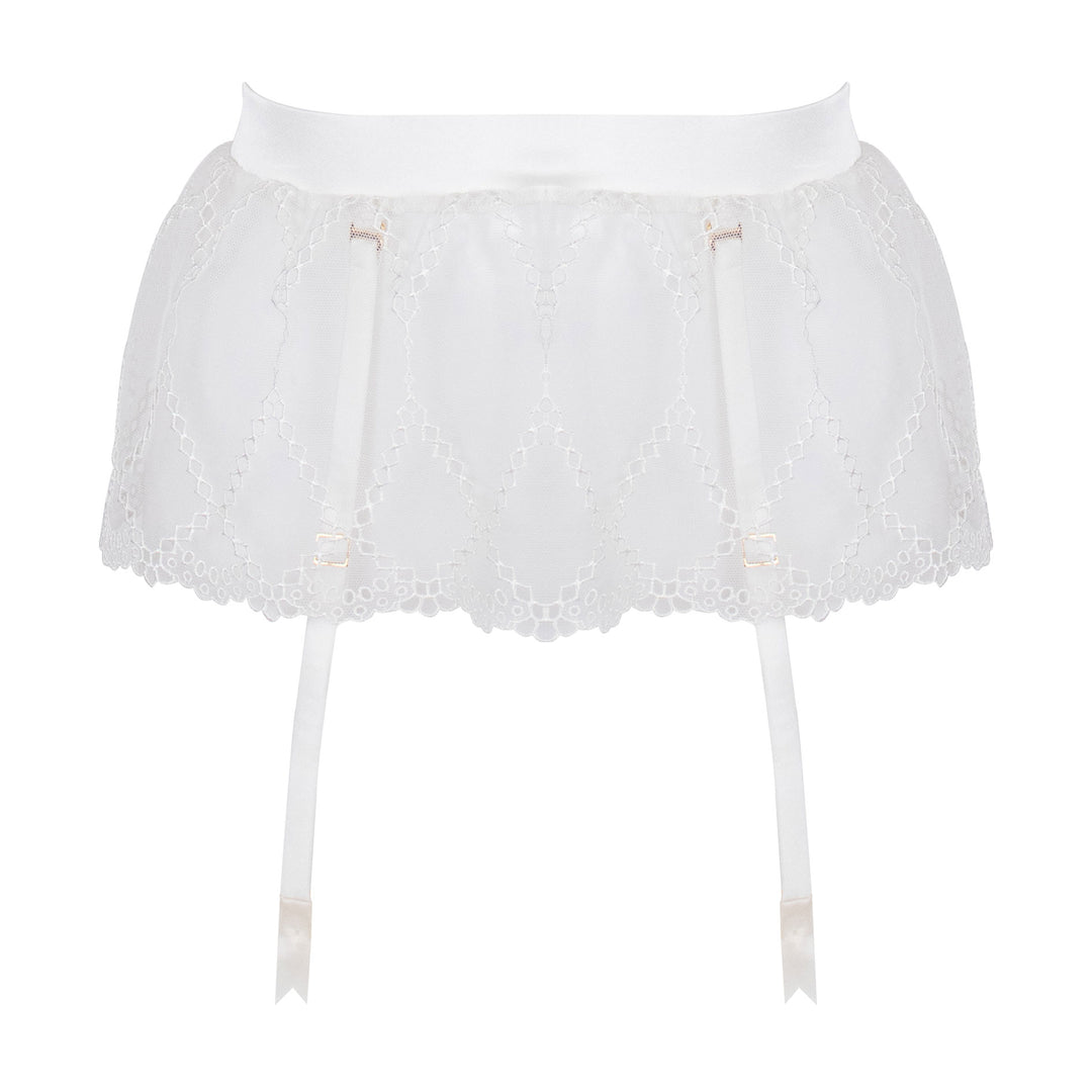 Studio Pia Aurora broderie anglaise embroidered tulle and peace silk suspender | Ivory