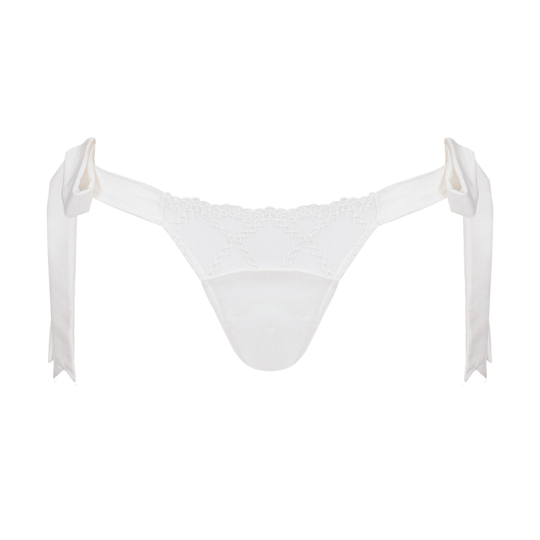 Studio Pia Aurora broderie anglaise embroidered tulle and peace silk tie side thong | Ivory